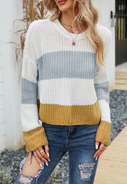 Textured Knit Striped Basic Sweater