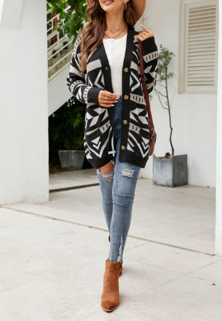 Aztec Print Button Down Cardigan