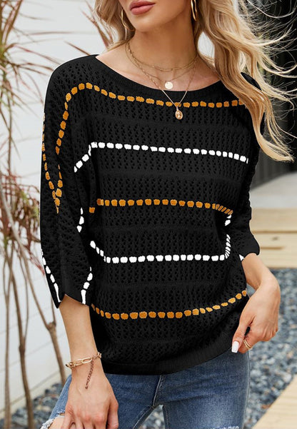 Striped Knit Three Quarter Sleeve Sweater