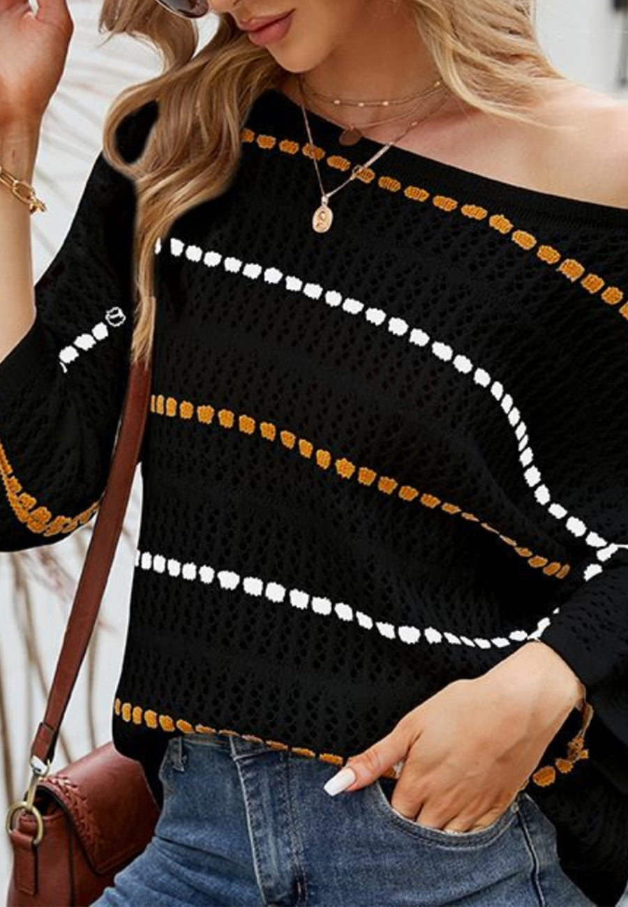 Striped Knit Three Quarter Sleeve Sweater