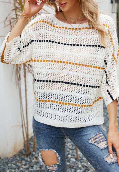 Striped Knit Three Quarter Sleeve Sweater