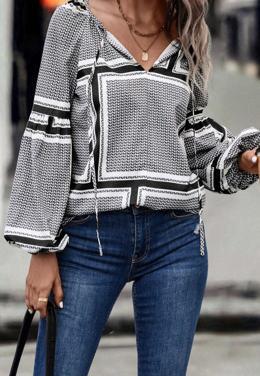 Geometric Print Bishop Sleeve Blouse