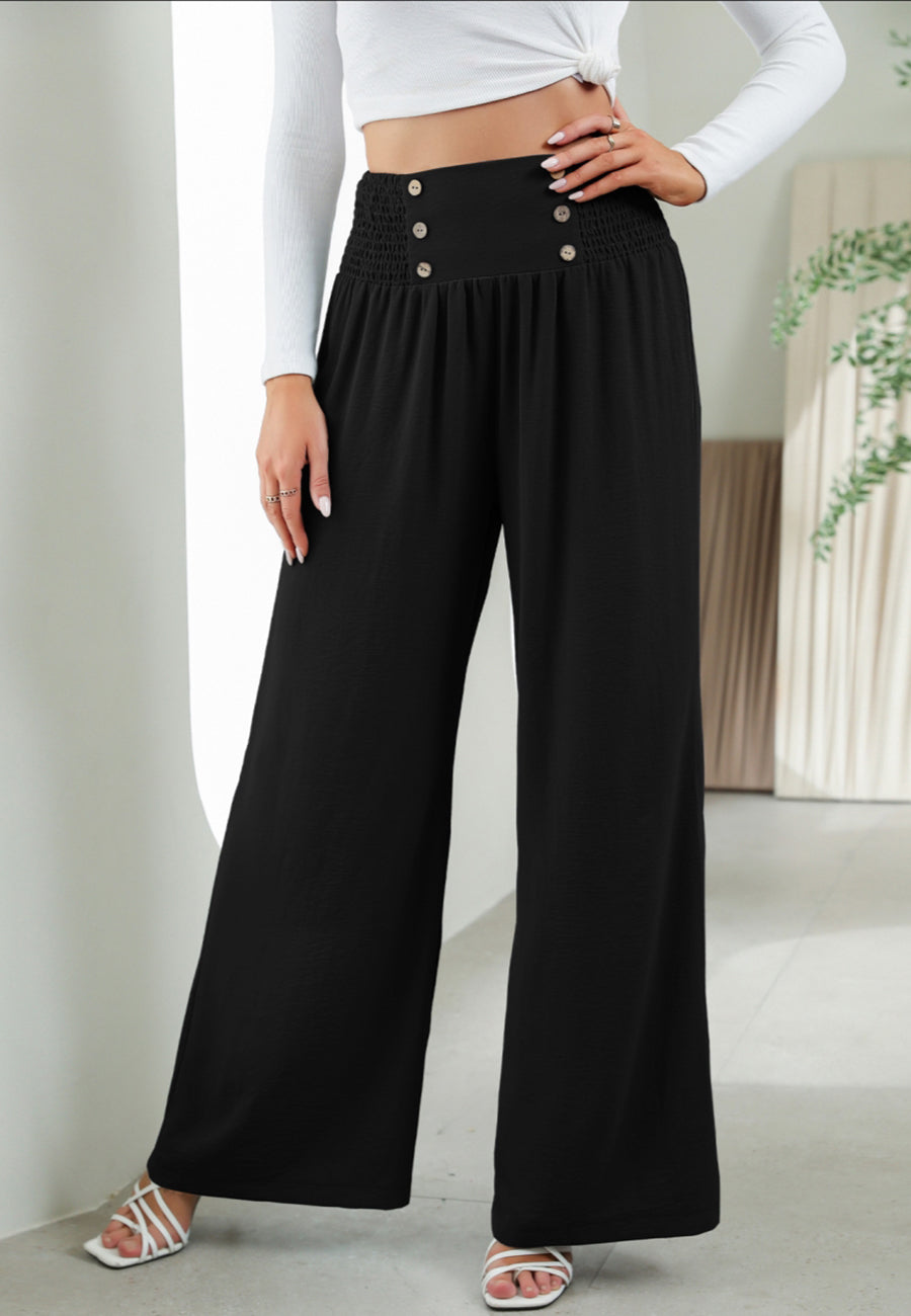 Button Detail Shirred Waist Pants