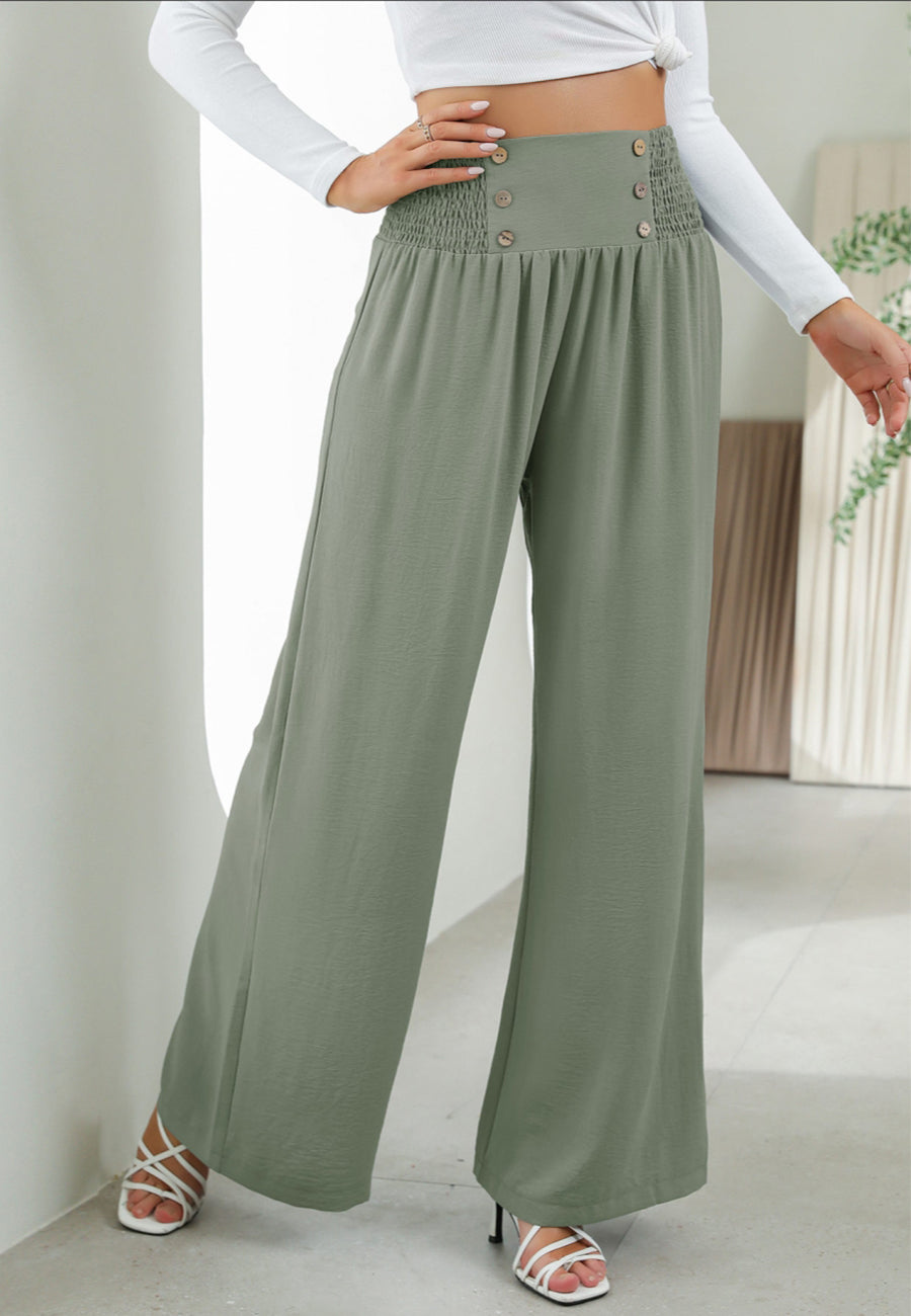 Button Detail Shirred Waist Pants