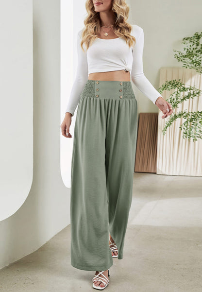 Button Detail Shirred Waist Pants