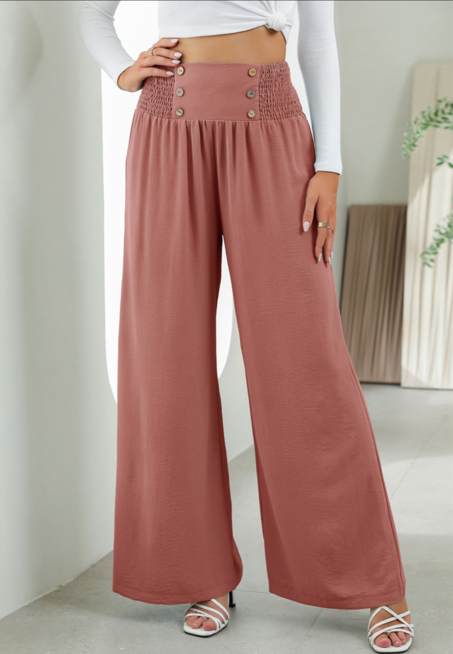 Button Detail Shirred Waist Pants