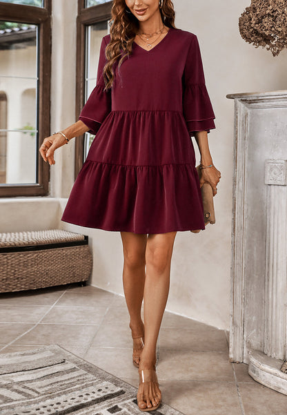 Solid Ruffle Sleeve Tiered Dress