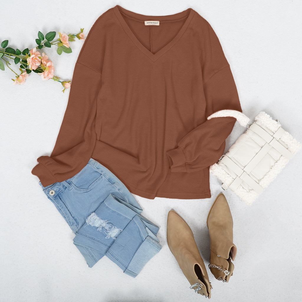 Basic V-Neck Waffle Knit Sweater