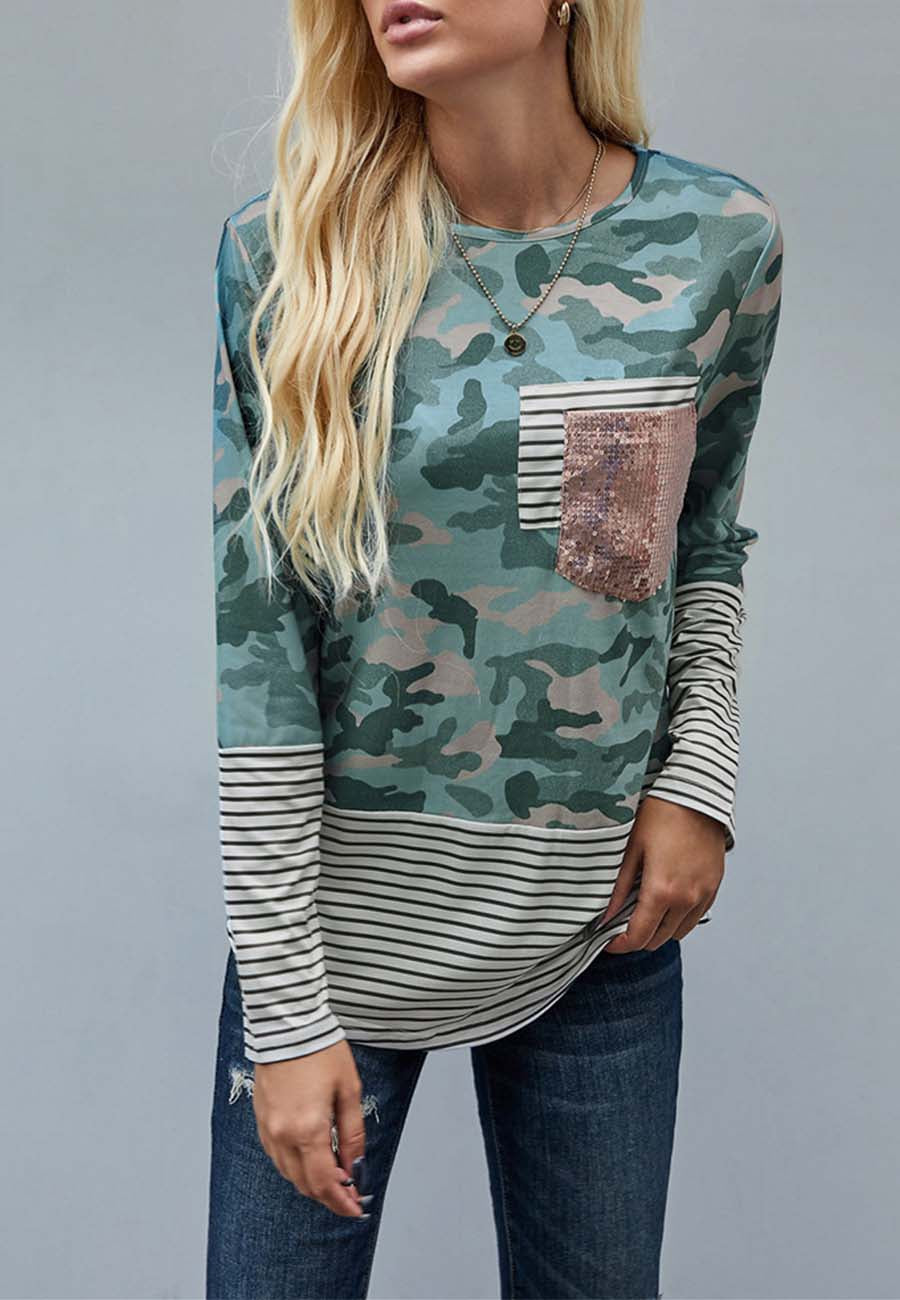 Color Block Sequin Pocket Sweatshirt