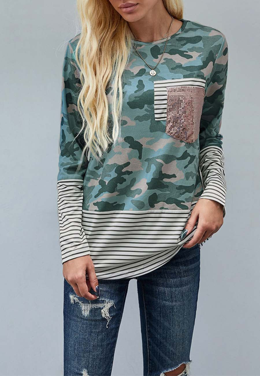 Color Block Sequin Pocket Sweatshirt