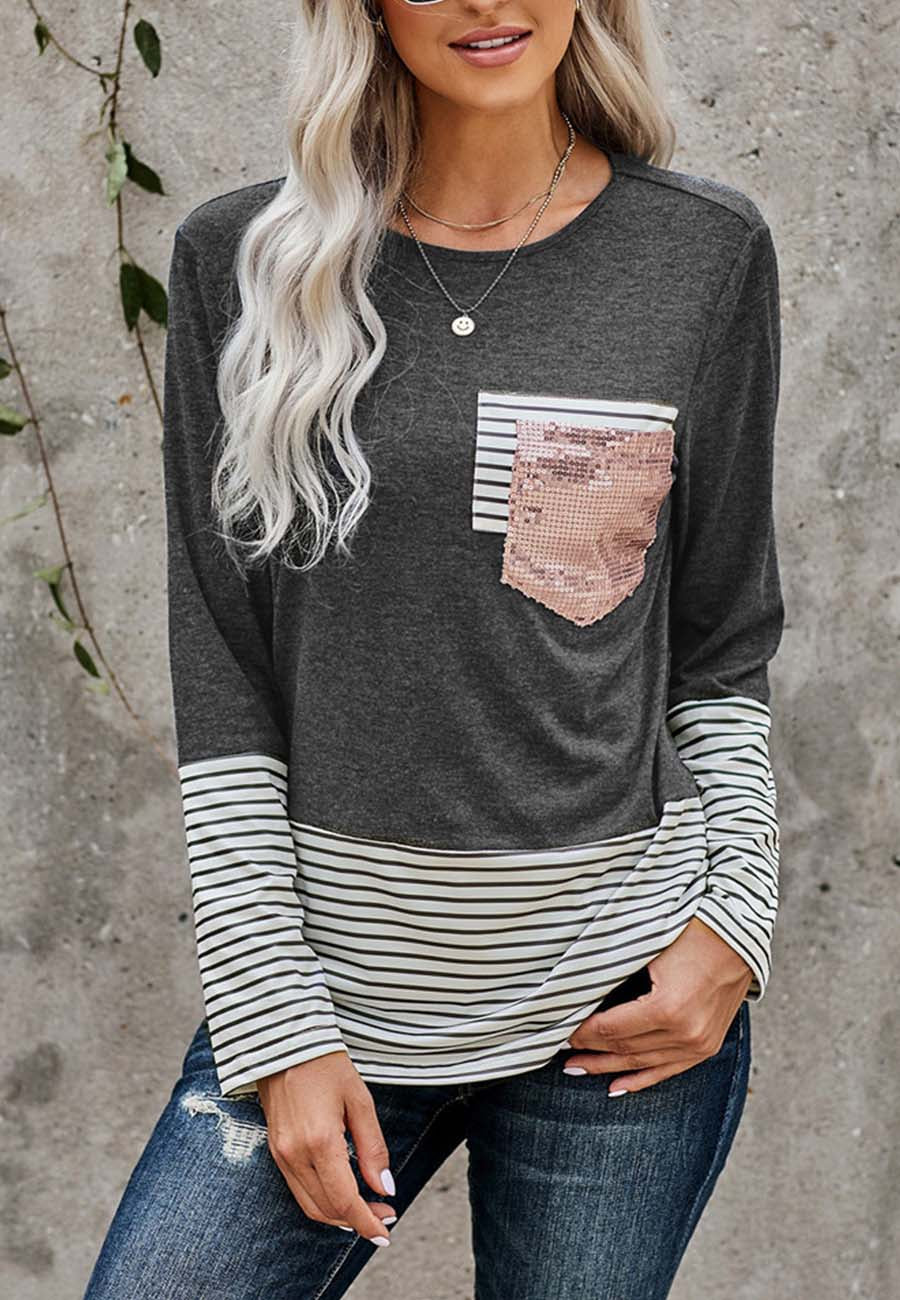 Color Block Sequin Pocket Sweatshirt