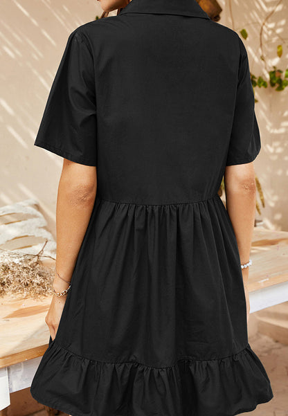 Collared V Neck Ruffle Hem Dress