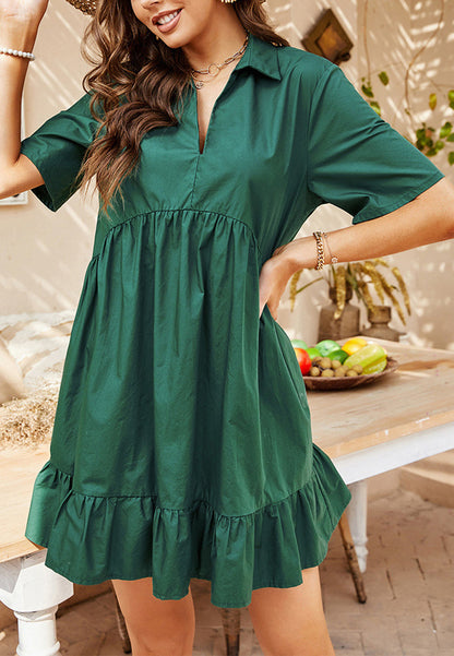 Collared V Neck Ruffle Hem Dress