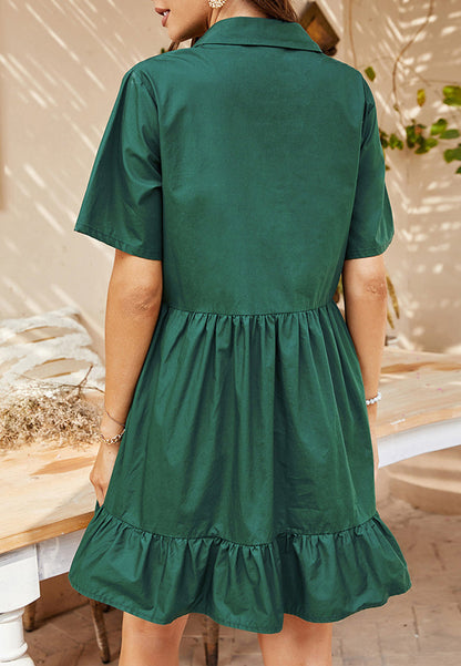 Collared V Neck Ruffle Hem Dress