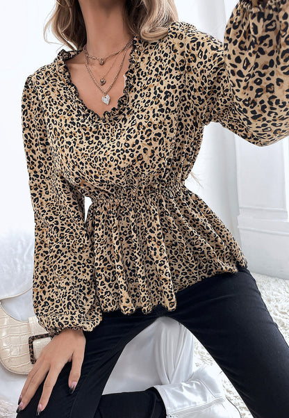 Ruffle V Neck Leopard Blouse