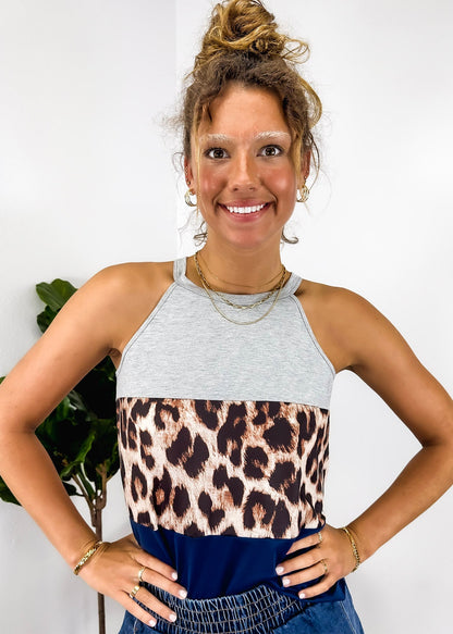 Color Block Halter Leopard Top