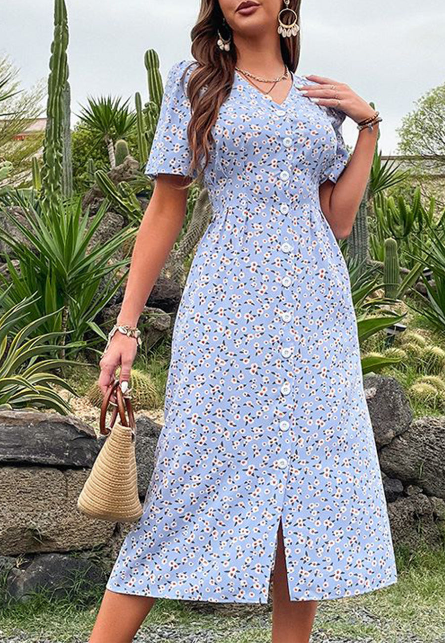 Button Front Puff Sleeve Dress