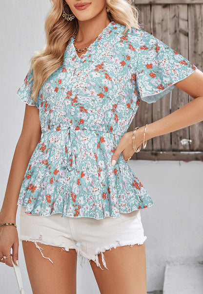 Ruffle V Neck Floral Peplum Blouse