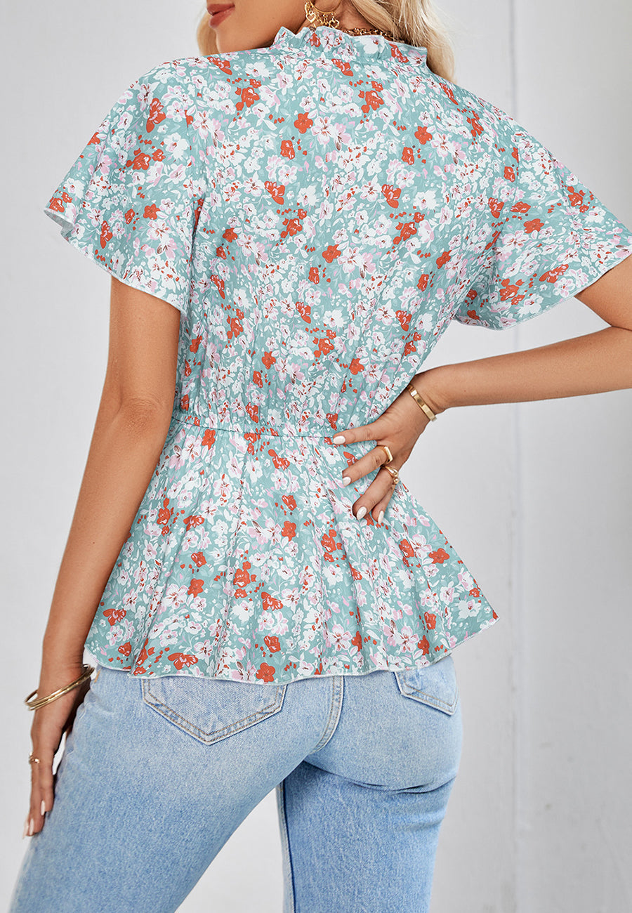 Ruffle V Neck Floral Peplum Blouse