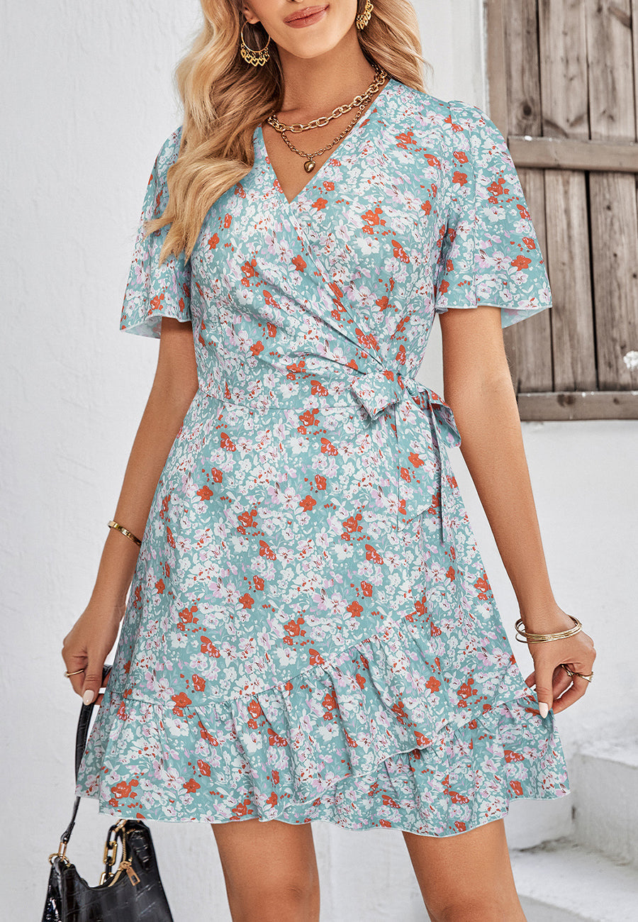 Floral Print Ruffle Hem Wrap Dress