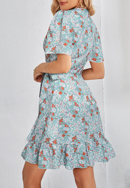 Floral Print Ruffle Hem Wrap Dress