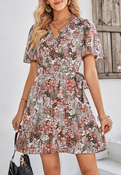 Floral Print Ruffle Hem Wrap Dress