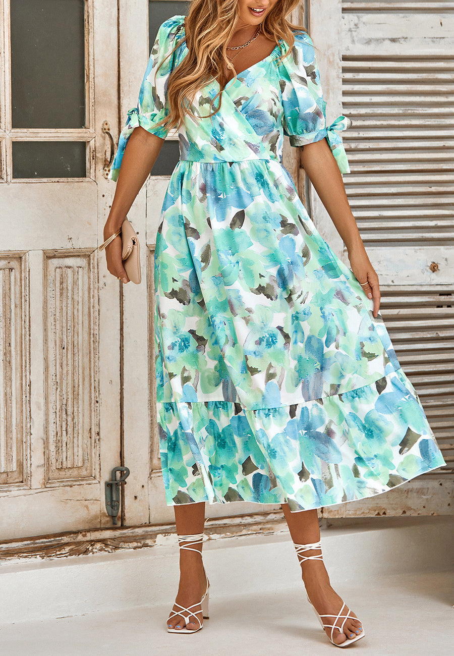 Tie Puff Sleeve Midi Dress