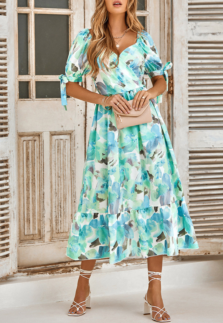 Tie Puff Sleeve Midi Dress