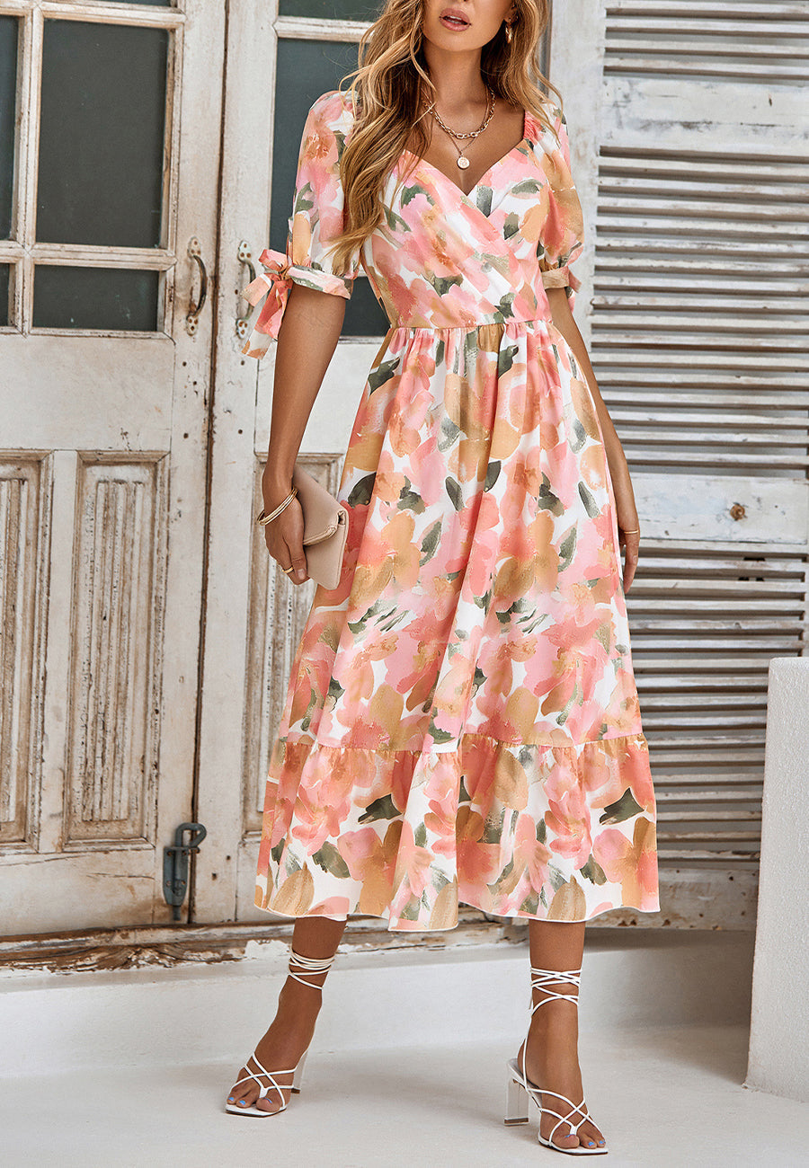 Tie Puff Sleeve Midi Dress