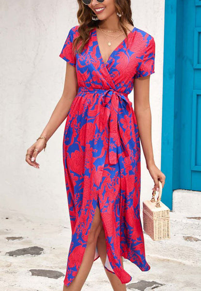 Printed Surplice Neck Midi Dress