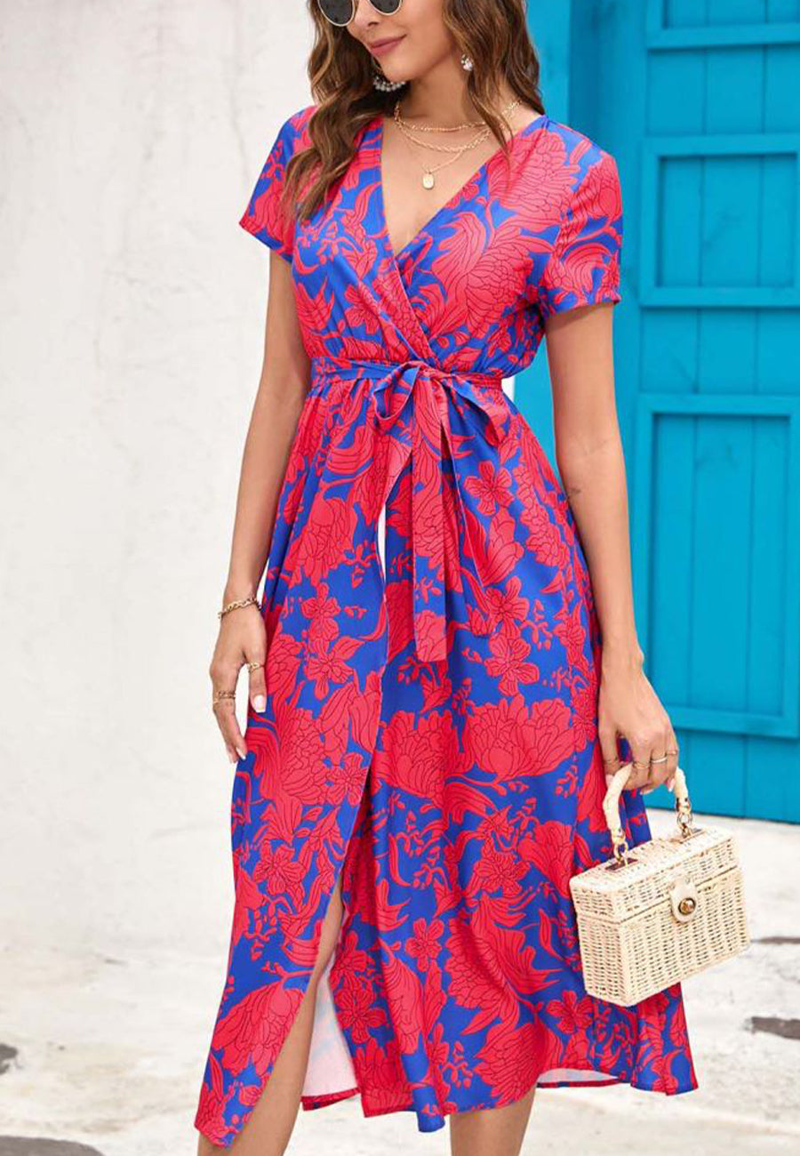 Printed Surplice Neck Midi Dress