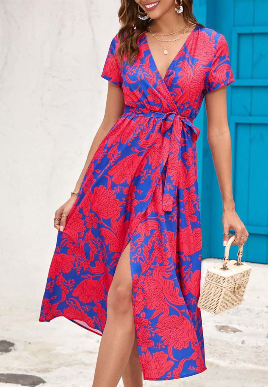 Printed Surplice Neck Midi Dress