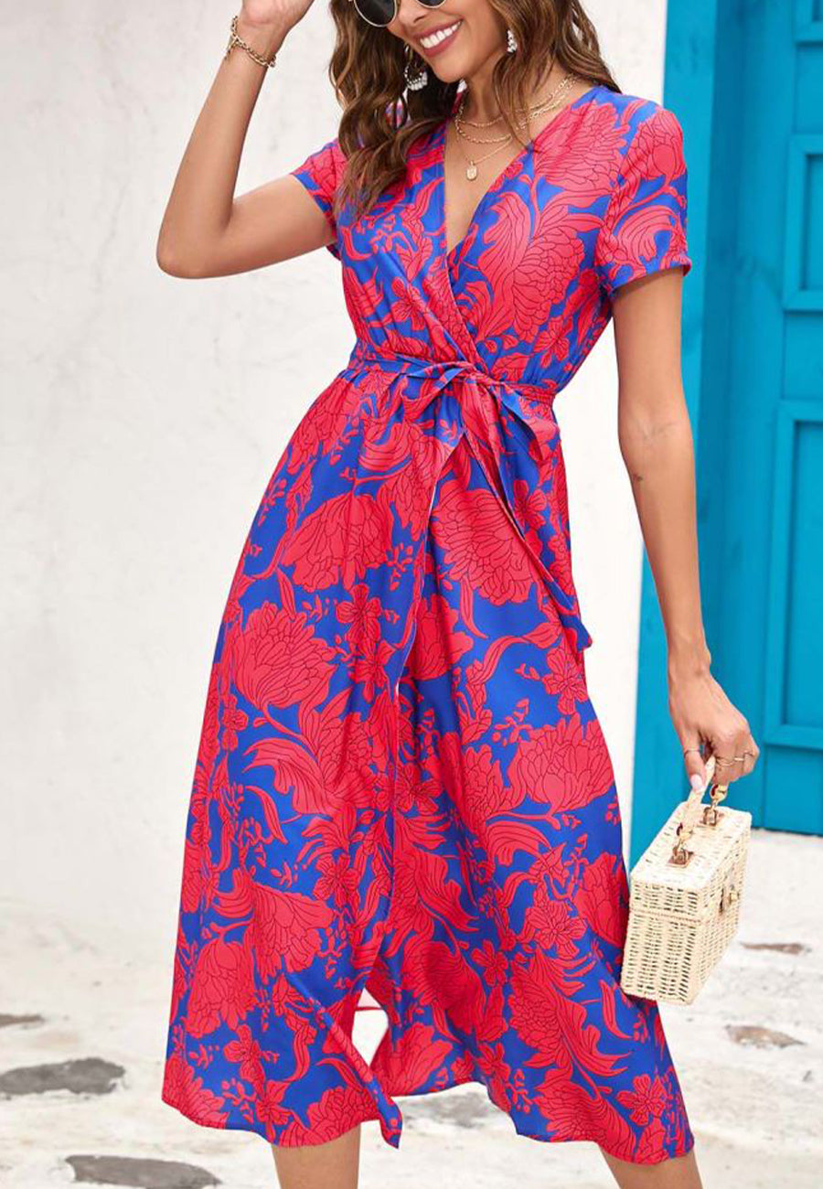 Printed Surplice Neck Midi Dress