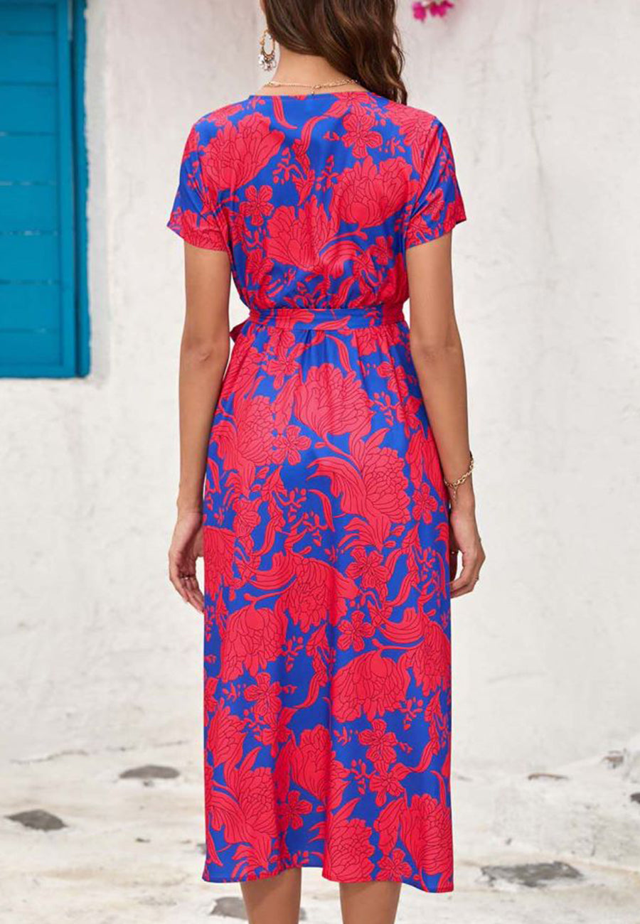 Printed Surplice Neck Midi Dress