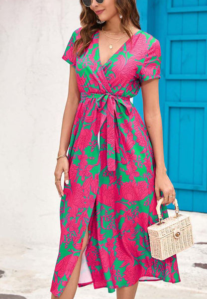 Printed Surplice Neck Midi Dress