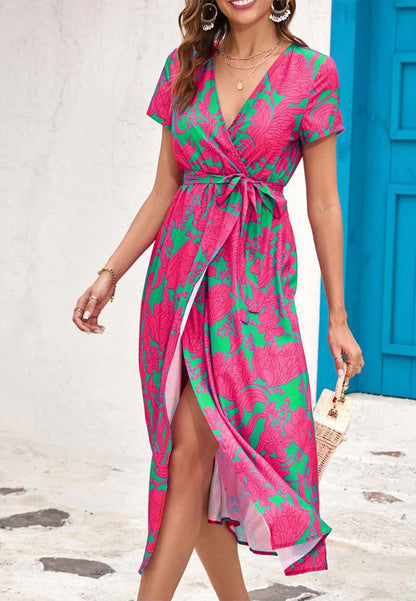 Printed Surplice Neck Midi Dress