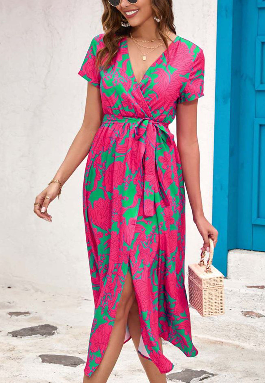 Printed Surplice Neck Midi Dress