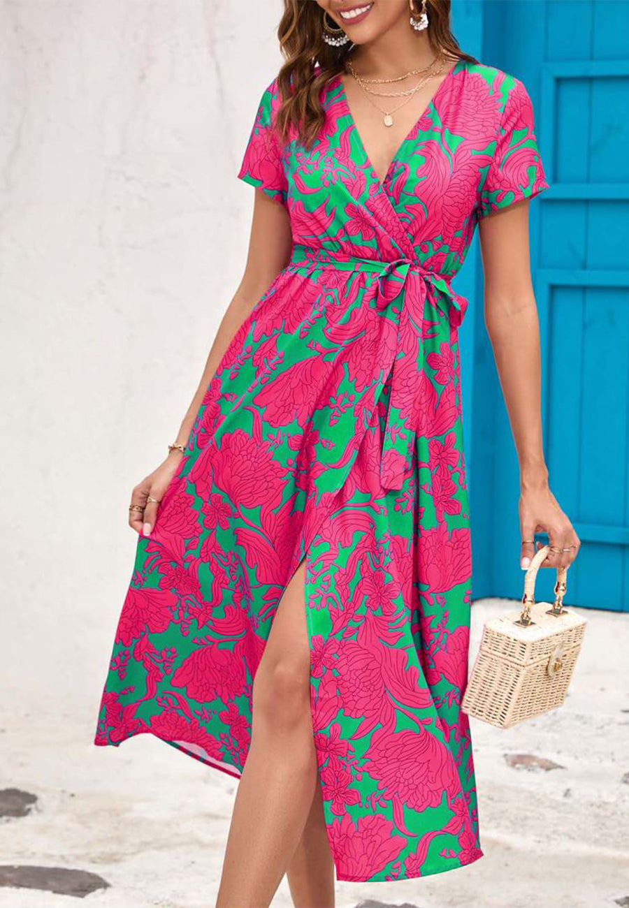 Printed Surplice Neck Midi Dress