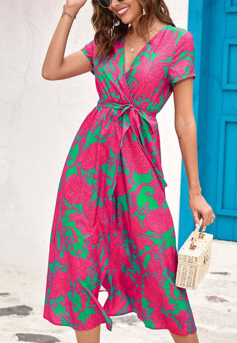 Printed Surplice Neck Midi Dress