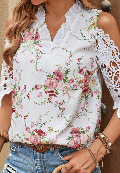 Cold Shoulder Lace Trim Blouse