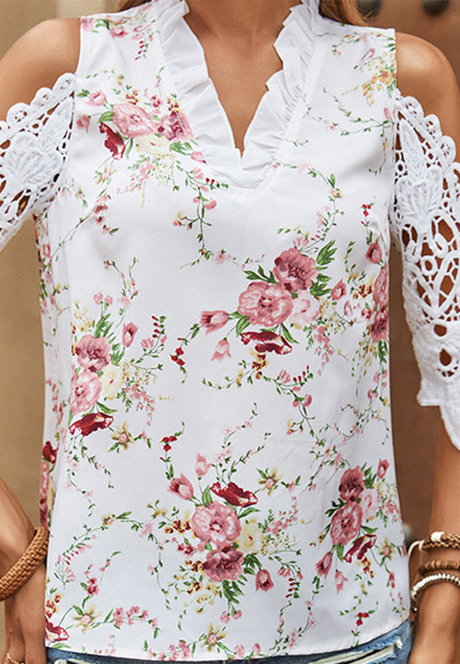 Cold Shoulder Lace Trim Blouse