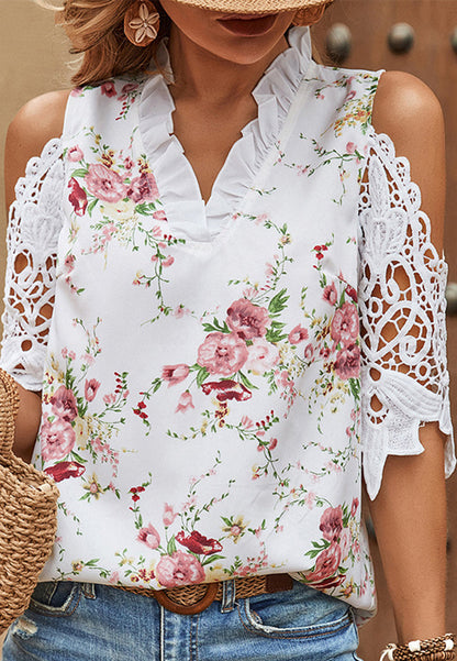 Cold Shoulder Lace Trim Blouse