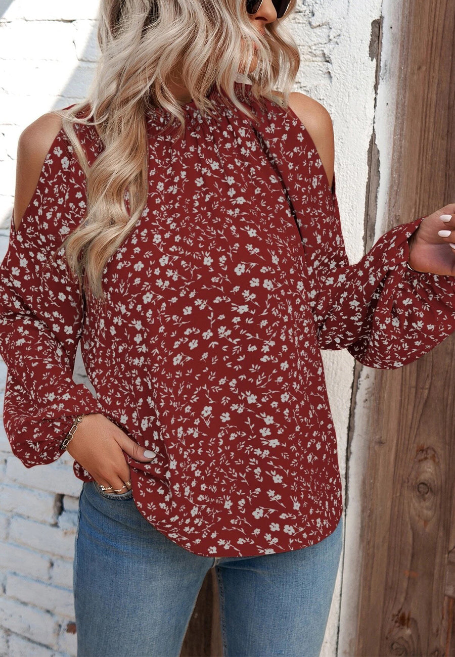 Pleated Neck Cold Shoulder Blouse