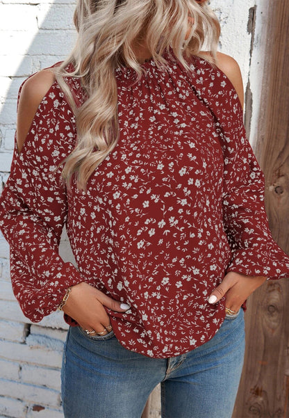 Pleated Neck Cold Shoulder Blouse