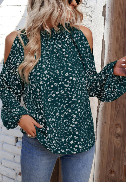 Pleated Neck Cold Shoulder Blouse