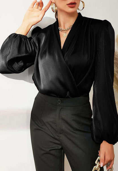 Sheer Bishop Sleeve Surplice Blouse