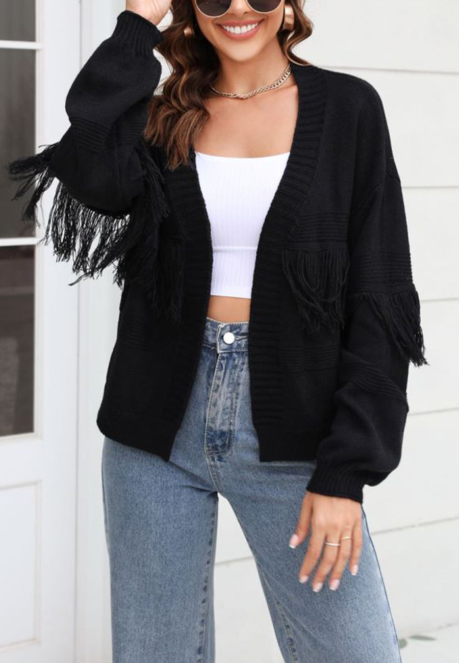 Solid Color Fringe Detail Cardigan