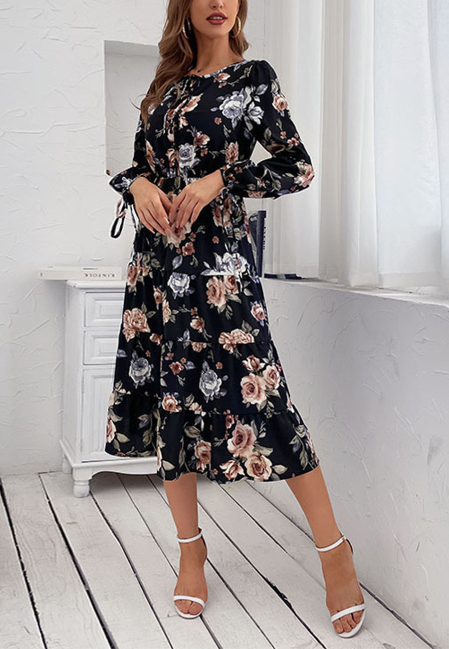 Tie Cuff Floral Print Dress