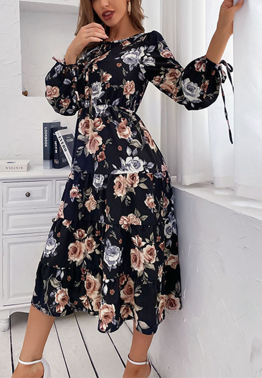 Tie Cuff Floral Print Dress