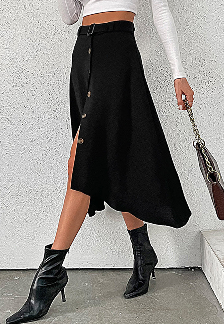 Contrast Button Front Slit Skirt